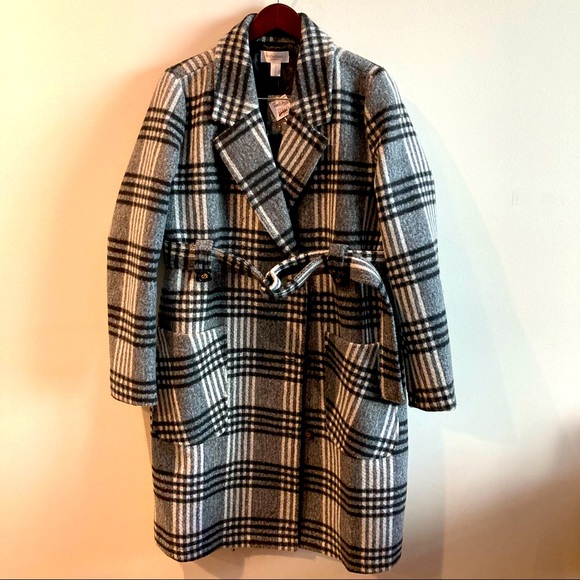 Motherhood Maternity Jackets & Blazers - MOTHERHOOD Maternity Checkered Patch Pockets Lined Back Slit Belted Coat Sz L